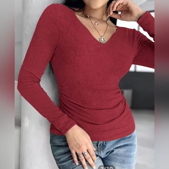 ChicMe Red Ribbed Fitted Top with Long Sleeves Built-bra Women's XL - Picture 1 of 16